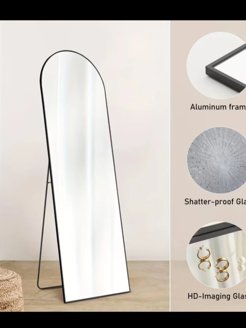 3 Gold Full-Length Arch Floor Mirror - Elegant Home Wall Decor